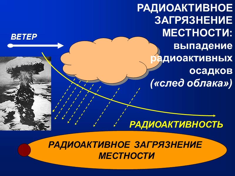 ВЕТЕР РАДИОАКТИВНОСТЬ РАДИОАКТИВНОЕ  ЗАГРЯЗНЕНИЕ  МЕСТНОСТИ: выпадение  радиоактивных  осадков  («след
